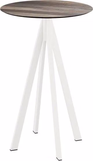 Infinity - Tavolo da bar, struttura bianca + piano in HPL effetto legno tropicale, Ø70 cm, 1 pezzo