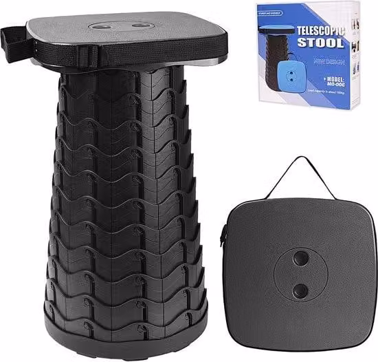Unyqoos® - Sgabello telescopico: sgabello pieghevole e portatile con seduta quadrata, disponibile in 12 altezze (da 6,5 a 45 cm), capacità di carico di 220 kg, colore nero