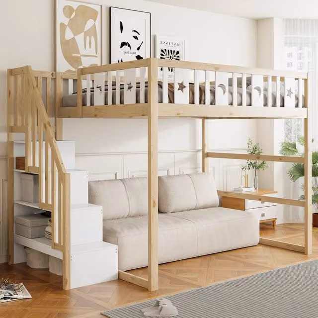 Letto a soppalco per bambini 140 x 200 cm con scala; legno massello; bianco e naturale