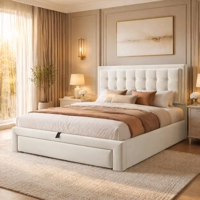 Letto contenitore 140 × 190 cm con testiera regolabile e 2 cassetti in velluto beige