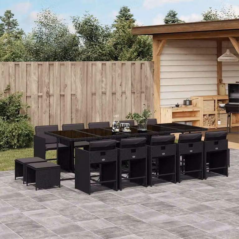 vidaXL Set da Pranzo da Giardino 15 pz in Polyrattan Nero con Cuscini e Tavolo in Vetro