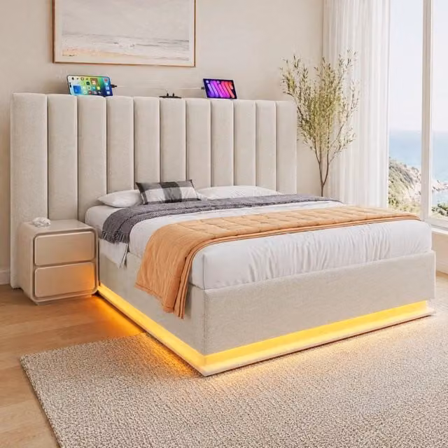 Letto contenitore Mivray in lino beige con illuminazione LED e porte USB/USB-C, L/P/H: 160 x 200 x 112 cm