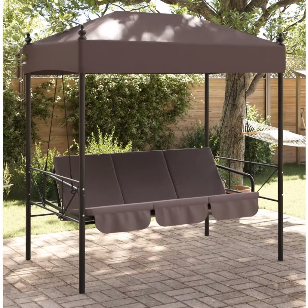Panchina a dondolo da giardino con baldacchino vidaXL in acciaio marrone, convertibile in letto con cuscini inclusi, L: 190,5 cm, P: 117,5 cm, H: 110,0 cm