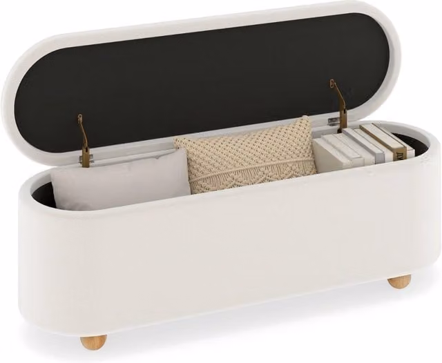 Panca contenitore ovale imbottito 139 cm coperchio ribaltabile, Panca contenitore gambe in legno di caucci¨´ Bianco