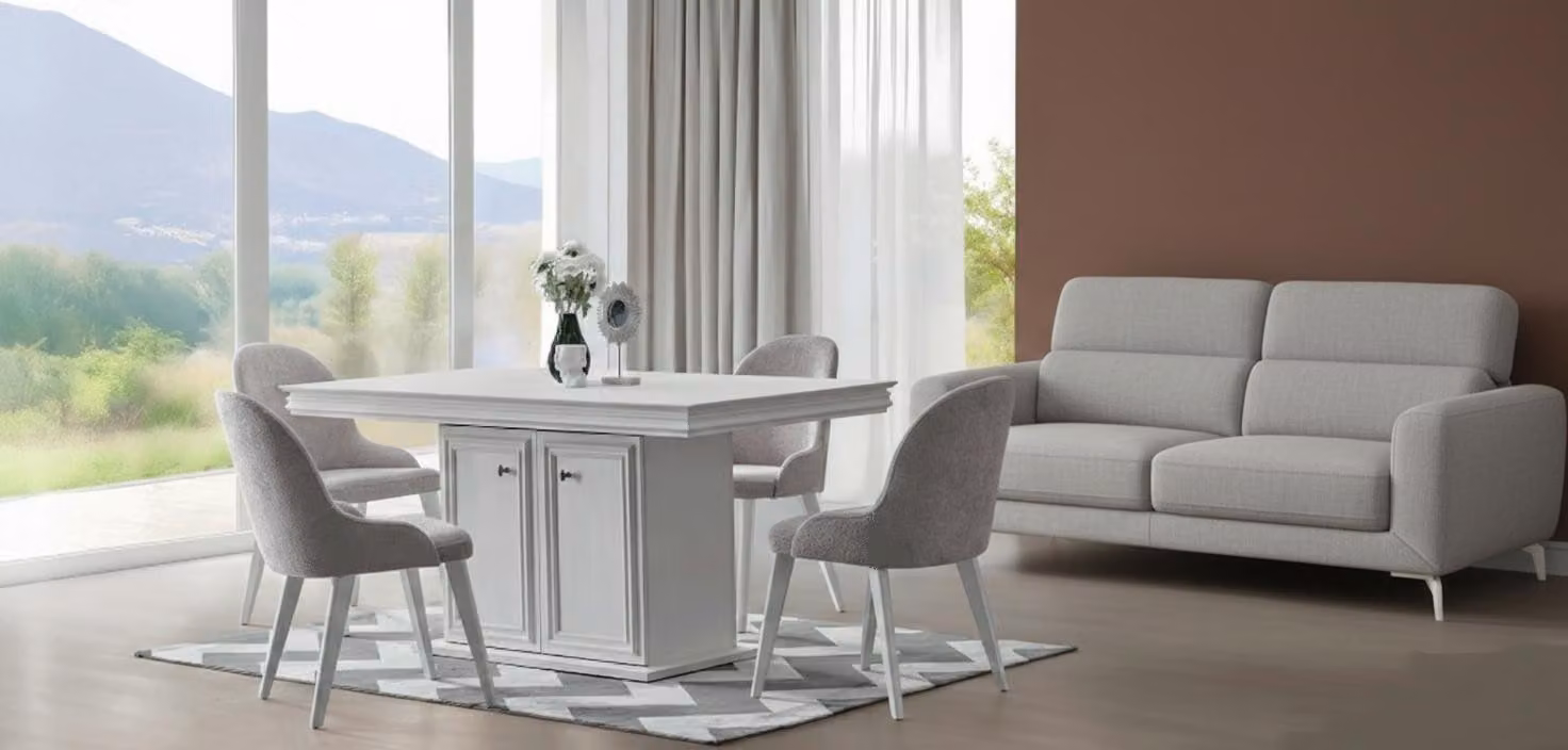 Set moderno per sala da pranzo, composto da un tavolo e 4 sedie.