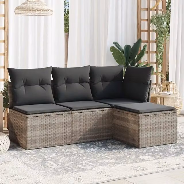 Set Divano da Giardino 4 pz con Cuscini-Sofa da Giardino-Divanetto da esterno Grigio Chiaro Polyrattan 880344