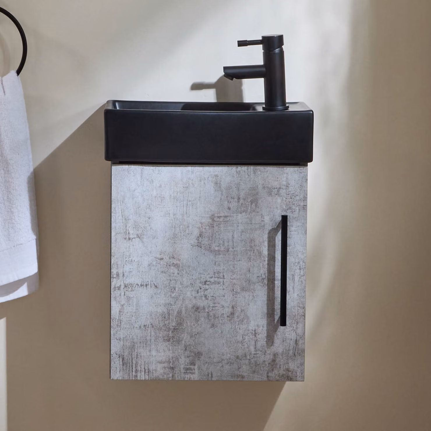 Mobile Bagno Grigio Cemento Sospeso da 400mm con Lavabo Nero e Maniglia con Barra a T Nera - Cluo