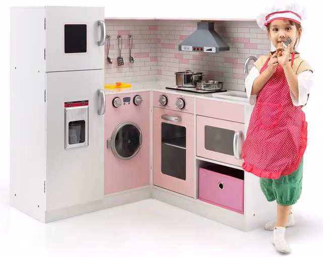 Costway Cucina giocattolo ad angolo in legno per bambini con luci e suoni interattivi, Rosa e Bianco