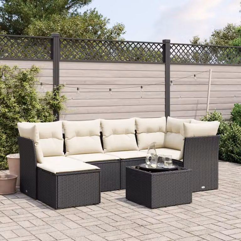 Set Divani da Giardino vidaXL a Forma di L con 7 Pezzi, Colore Nero e Bianco, con Cuscini e Tavolino, Design Moderno in Polyrattan e Metallo