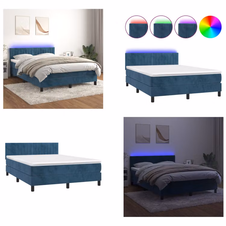 vidaXL Letto a molle con materasso e LED blu scuro 140x200 cm in velluto - Letto a molle - Letto a molle - Letto - Letti