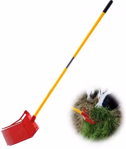 Forca per letame VEVOR con 18 denti angolati, rastrello per stalla e giardinaggio in plastica resistente e manico in fibra di vetro rosso, Lunghezza: 155 cm