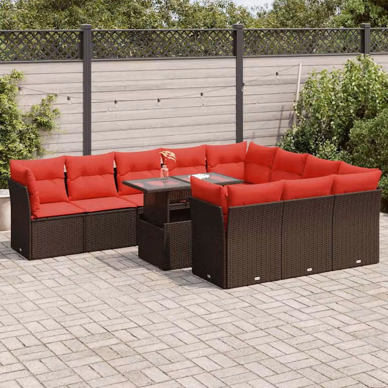 Set di divani da giardino vidaXL 11 pezzi in polyrattan marrone con cuscini e tavolino da esterno