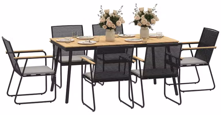 Set da pranzo per esterno - 7 pezzi - Metallo - Per 6 persone - Rivestimento in polvere - Stile moderno - Nero