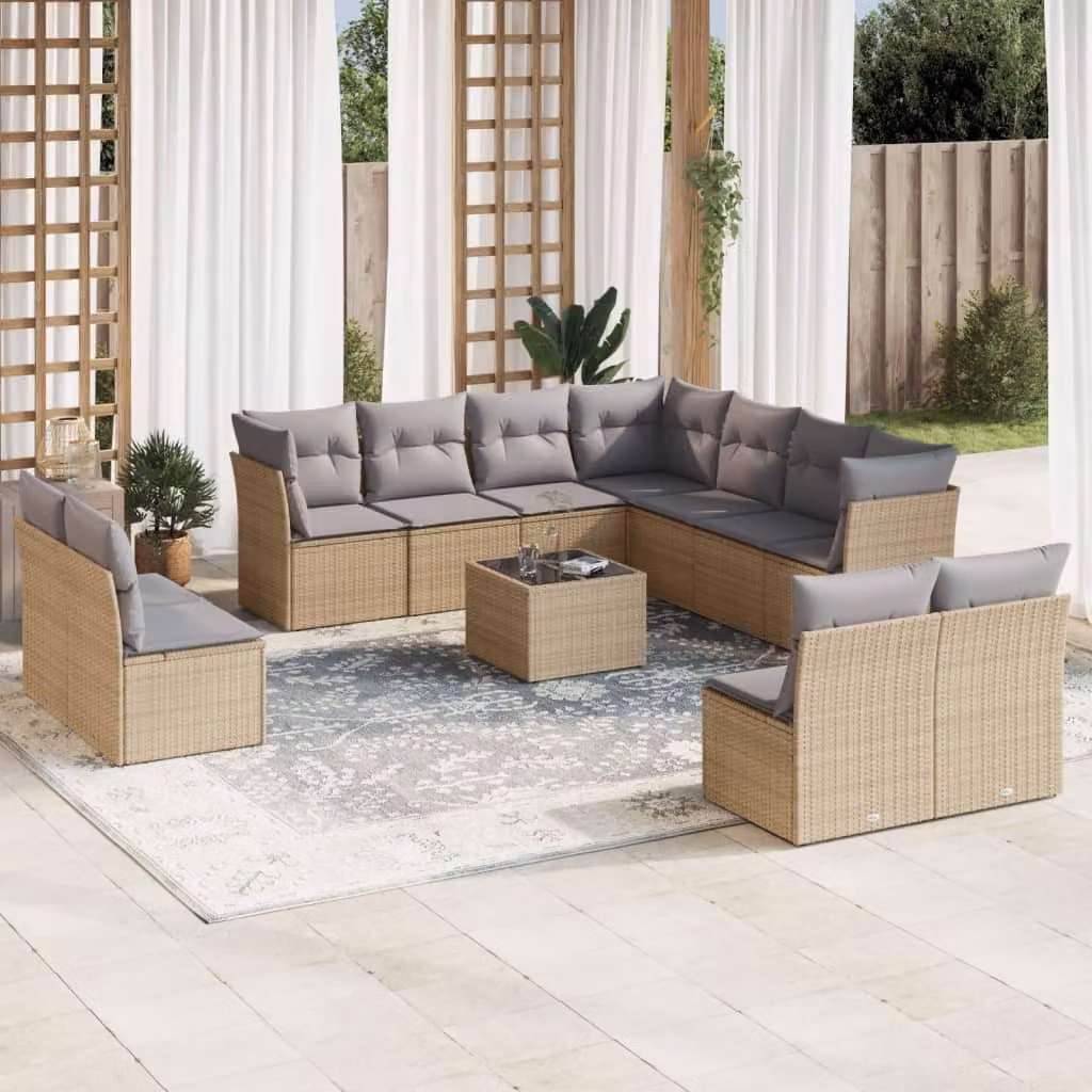 Set di divani da giardino vidaXL in polyrattan beige con cuscini e tavolino da esterno a forma di L