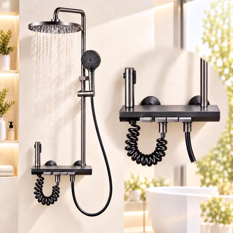 Sistema doccia e vasca da bagno, colore grigio titanio, con quattro funzioni