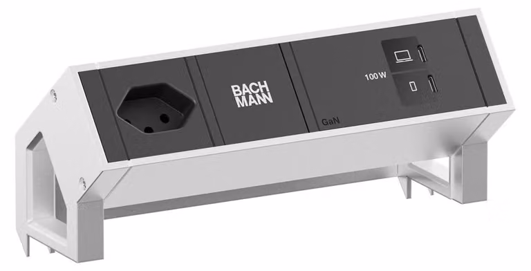 BACHMANN DESK2 1xCH 90° 1xUSB C/C 100 W, L=0,2 m, acciaio inossidabile