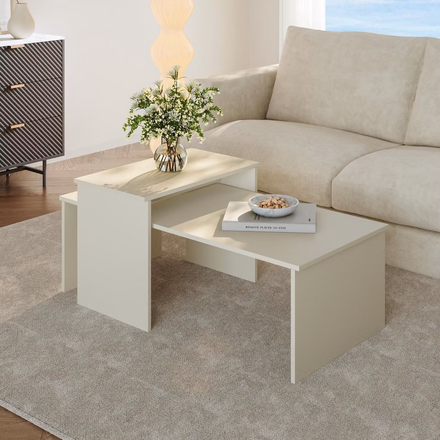 Set di 2 tavoli 'Sotapim' rettangolari color sabbia
