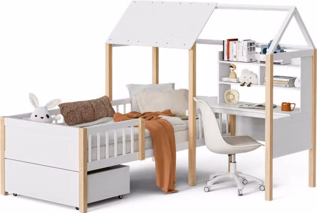 Letto a casetta per bambini 90x200 cm con letto estraibile 90x190 cm， contenitori， senza materasso