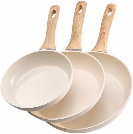 Set di 3 padelle VEVOR in alluminio con rivestimento in ceramica antiaderente, beige, diametri: 20 cm, 24 cm, 28 cm, adatte per forno e induzione