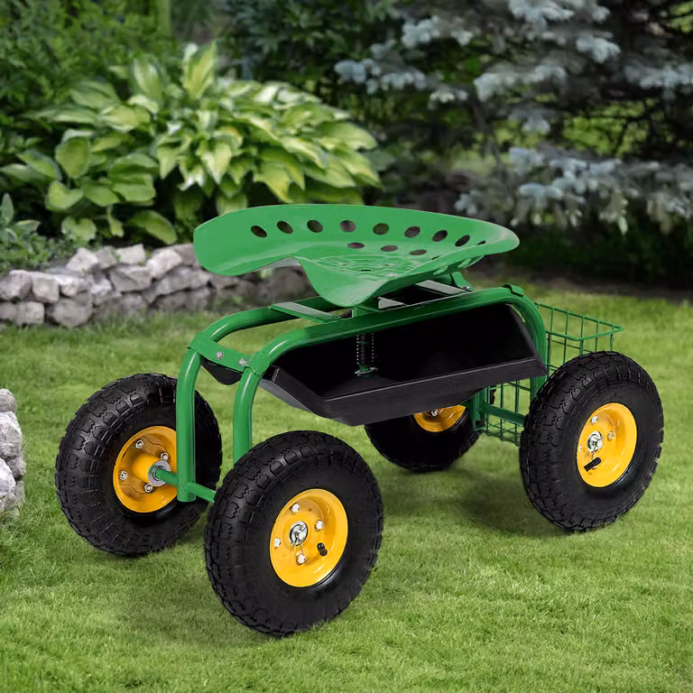 Sgabello da giardino con ruote Costway Verde con seduta regolabile in altezza e rotazione a 360°