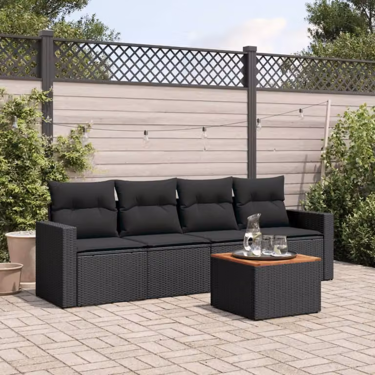 Set Divani da Giardino vidaXL 5 Pezzi in Polyrattan Nero con Cuscini e Tavolino da Esterno