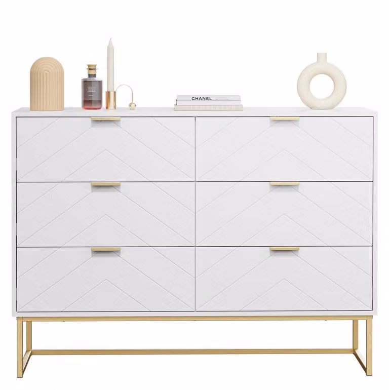 Comodino con 6 cassetti, dimensioni 100x34x73,5 cm, colore bianco, struttura in legno, gambe in metallo