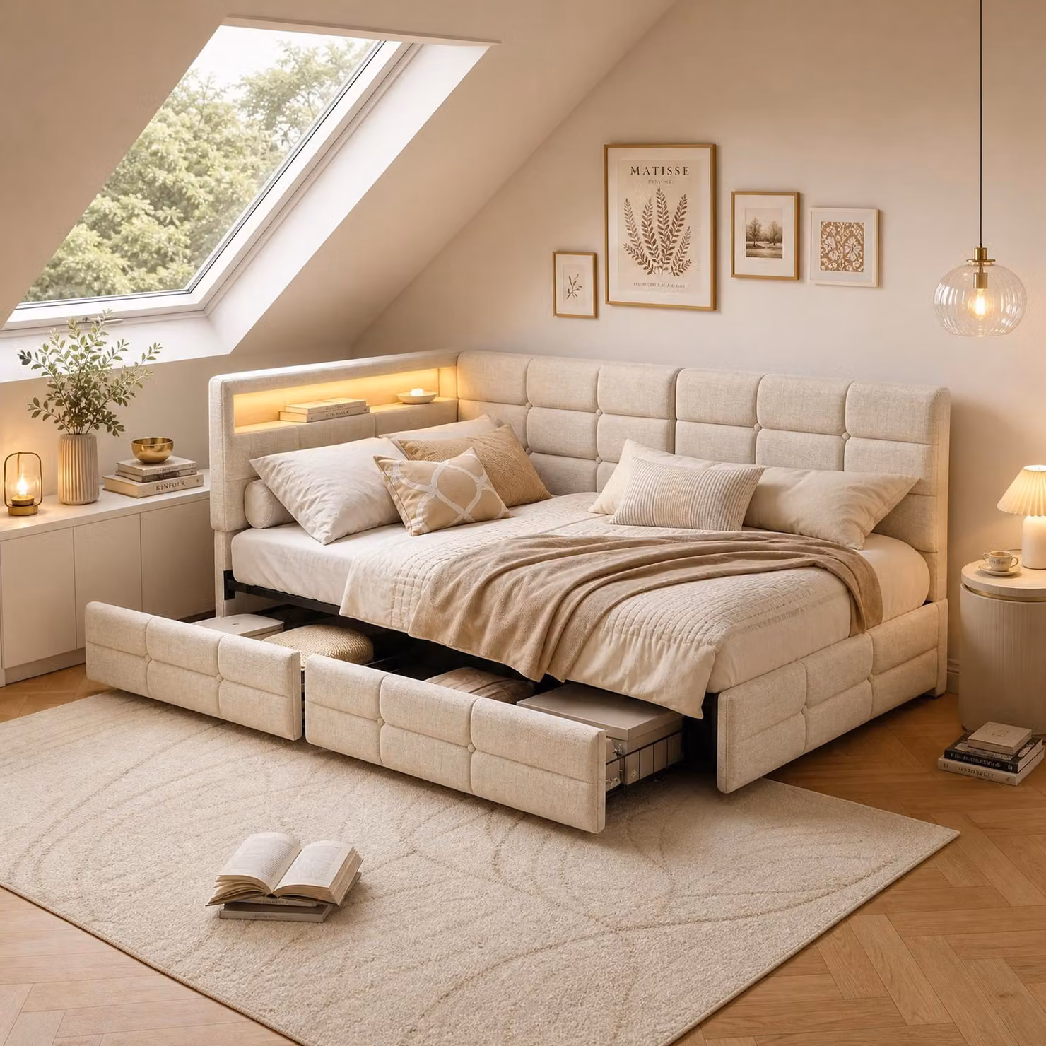 Letto imbottito INONEFT, 90 x 200 cm, a forma di L, letto per bambini con LED e USB, dotato di 2 cassetti e rete a doghe, letto singolo, tessuto in lino, color beige