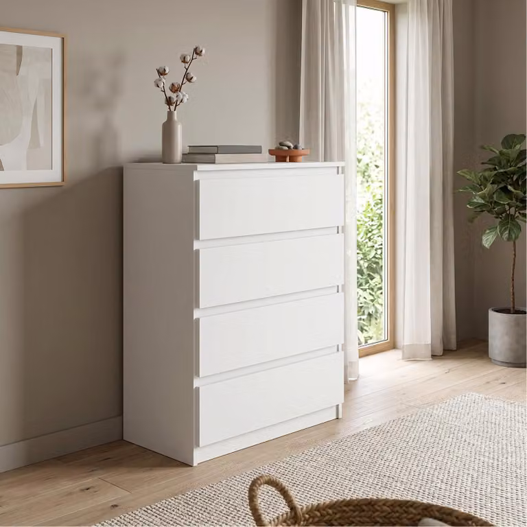 Comodà Masseno NUDO da 70 cm con 4 cassetti e ante, per soggiorno e camera da letto, stile moderno, 70x39x102 cm, bianco / bianco