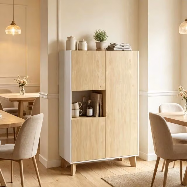 Credenza con cinque vani aperti e chiusi in MDF e pannello truciolare bianco e rovere chiaro 80 × 40 × 135 cm