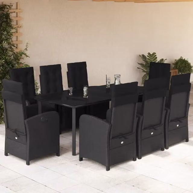 Set da pranzo da giardino vidaXL in polyrattan nero con cuscini e tavolo in vetro per 9 persone – 1