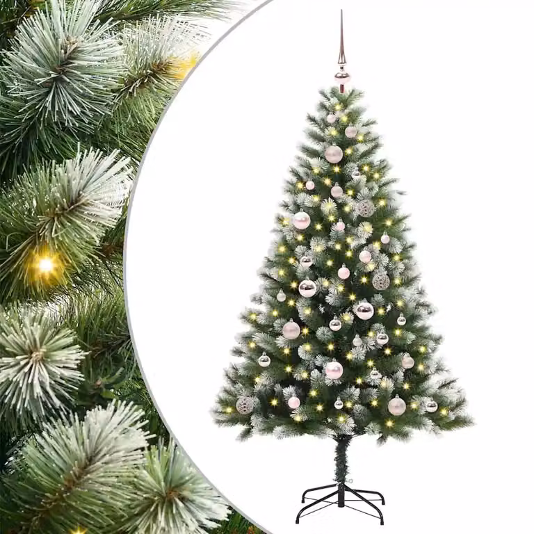 Albero di Natale artificiale vidaXL con rami snodati, neve imbiancata e luci LED bianco caldo, verde e bianco