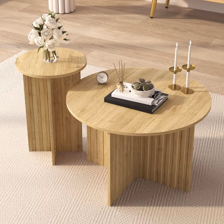MODFU Set moderno di 2 tavolini da salotto, tavolini rotondi, design scandinavo, tavolino con decorazioni in legno, naturale