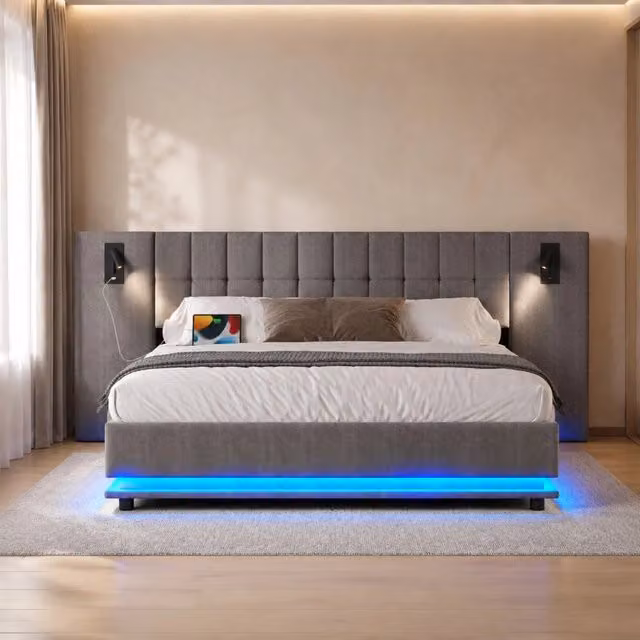 Letto matrimoniale moderno in tessuto grigio con illuminazione sottostante, porta USB, luce da lettura e mensola integrata L/P/H: 180 x 200 x 103 cm – 1