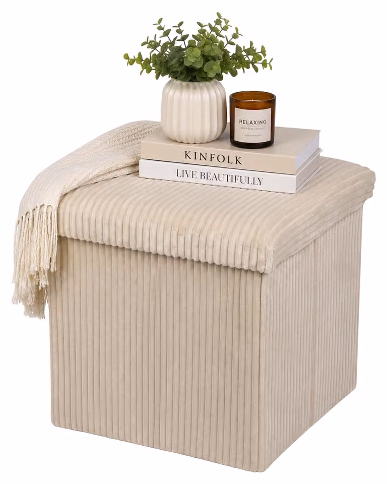 Pouf quadrato con spazio contenitore, sistema di apertura a corda, color beige, 38x38x38 cm