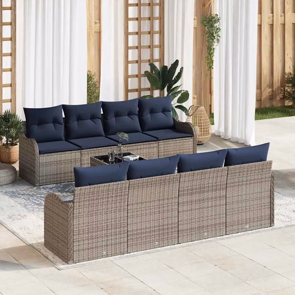 Set di divani da giardino vidaXL a forma di U con 9 pezzi, colore grigio e blu, in rattan e metallo con cuscini inclusi