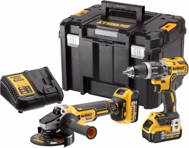 Kit DeWALT DCK2080P2T composto da avvitatore DCD796, smerigliatrice DCG405, 2 batterie da 5,0 Ah e caricabatterie DCB115 con sistema di contenimento TSTAK VI, colore giallo