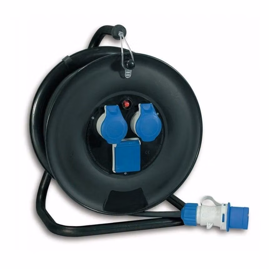 Avvolgicavo Elettrico Industriale Fanton MT 20 FK Fortek Blu e Nero con 3 Prese 2P+T 16A CEE, Cavo 20 m 3x2,5 mmq e Disgiuntore Termico – 2