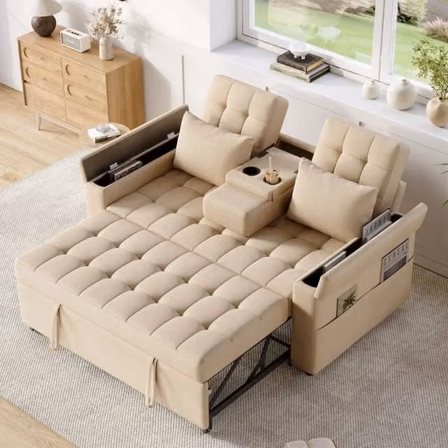 Divano letto MIVRAY a 2 posti estraibile con schienale regolabile, rivestimento in tessuto beige e vani portaoggetti, L: 159 cm, P: 92 cm, H: 47 cm