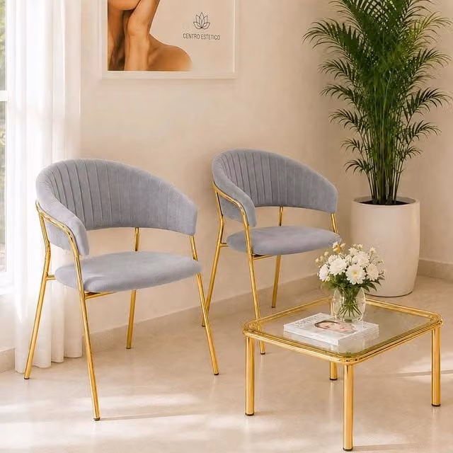 Set da 2 sedie da sala da pranzo Aurelia in velluto grigio con gambe in metallo dorato lucido