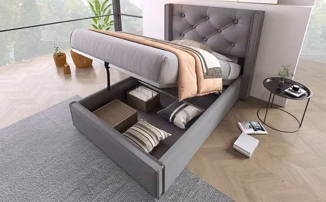 Letto singolo contenitore imbottito con apertura idraulica, cotone, grigio, 90x200 cm, senza materasso
