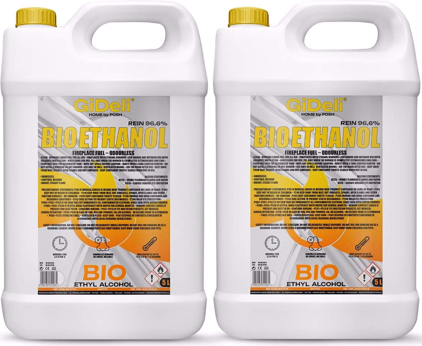Bioetanolo inodore 96,6% 10L per caminetti universali senza fumo e senza fuliggine GiDeli