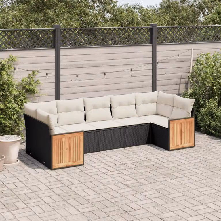 vidaXL Set Divano da Giardino a L con Cuscini 7pz in Polyrattan Nero e Bianco