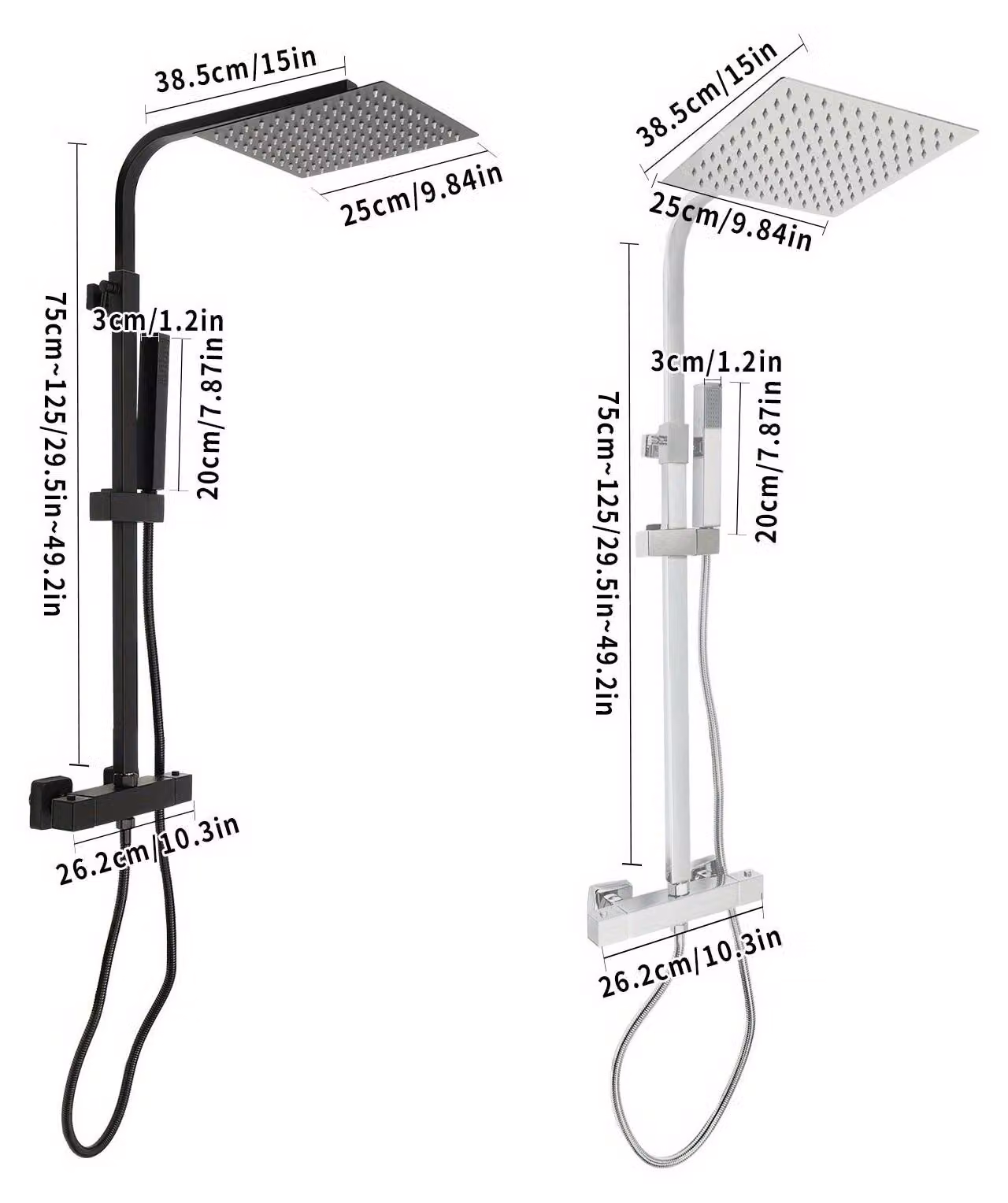 Doccia a pioggia termostatica - Set doccia a pioggia - Soffione doccia - Doccetta manuale - Sistema doccia - Colore: nero opaco - Dimensioni: 25x25 cm