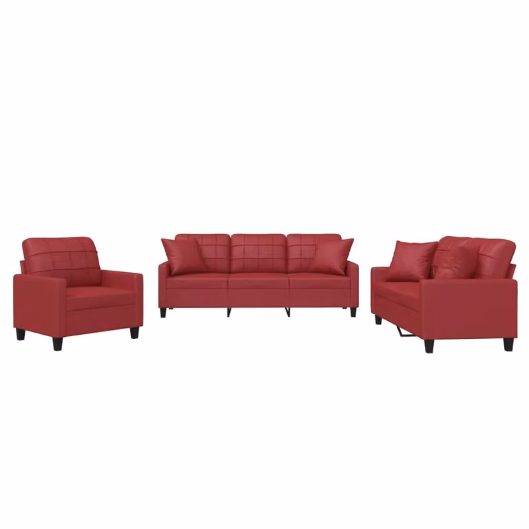 Set di Divani 3 pz con Cuscini Rosso Vino in Pelle finta