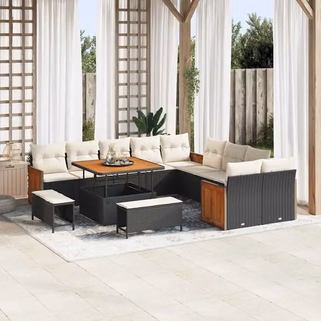 Set Divano da Giardino vidaXL a Forma a U con 17 Pezzi, Colore Nero e Beige, con Cuscini e Tavolino da Caffè