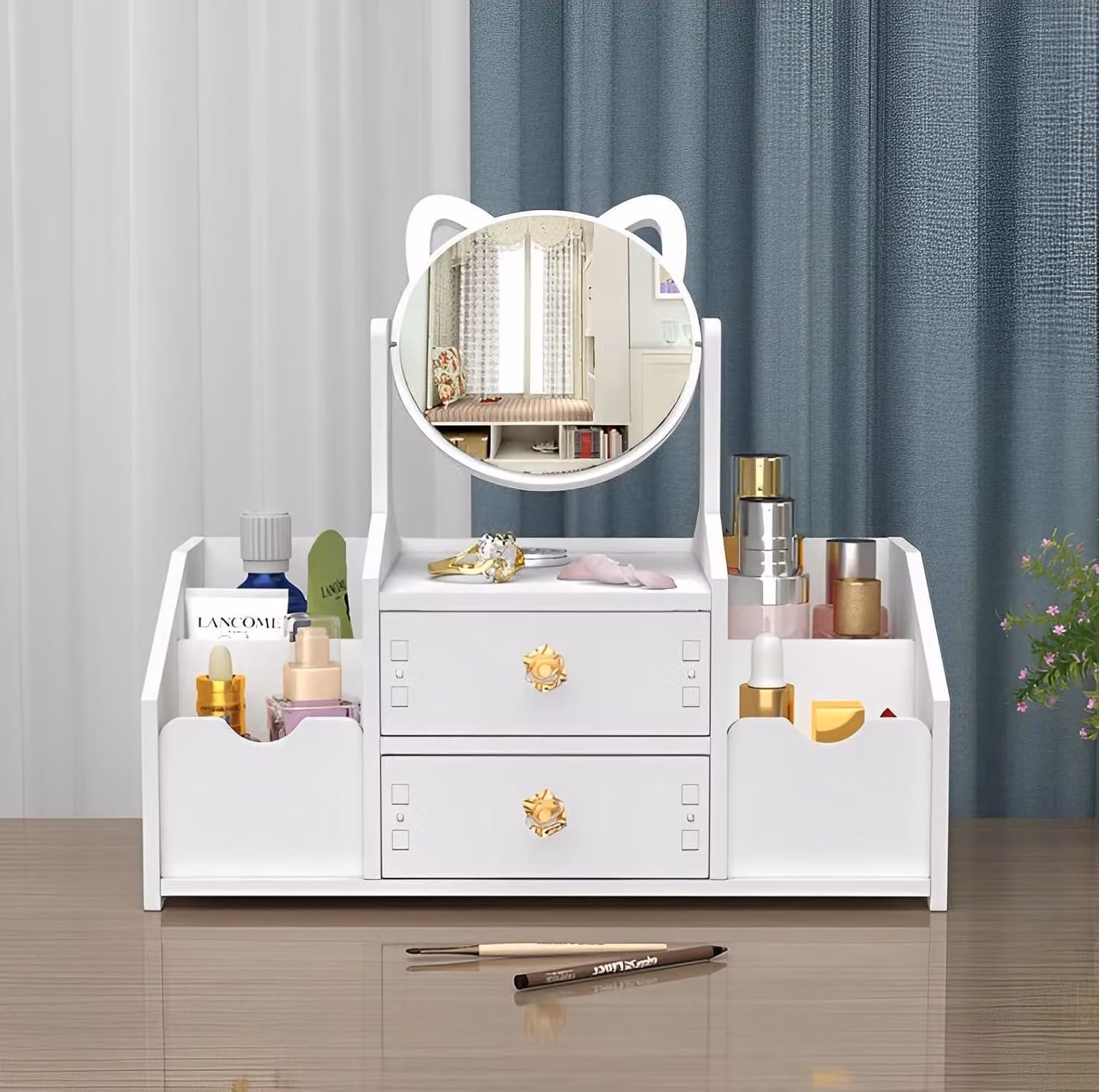 Organizzatore per trucchi con specchio rotante a 360°, versatile, compatto, ideale per bagno e camera da letto