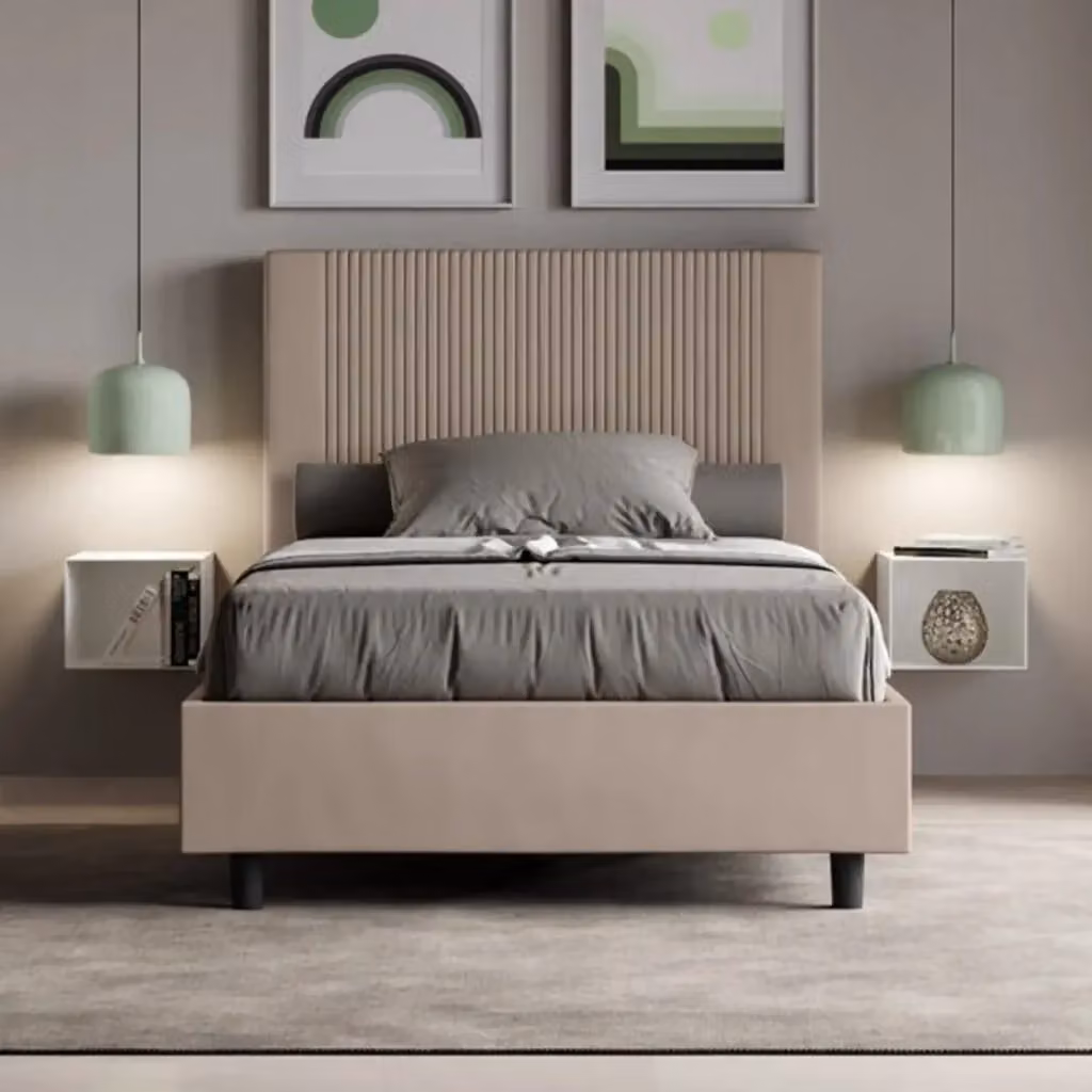 Letto matrimoniale francese con contenitore imbottito Ityhome Goya in similpelle beige L/P/H: 140 x 200 cm – 2