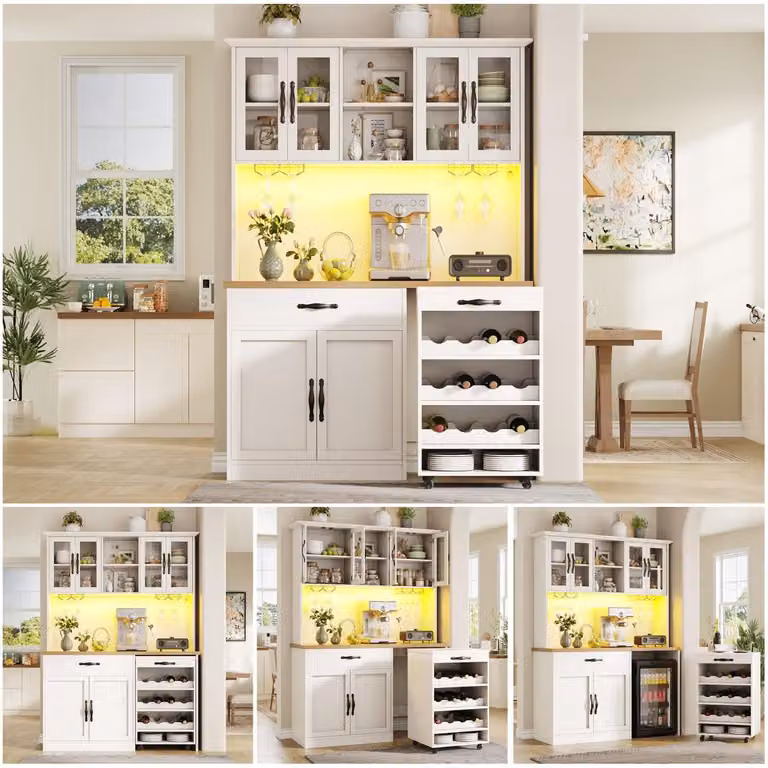 Mobile da cucina da 140 cm con carrello e illuminazione a LED; mobile alto con portabottiglie e portabicchieri; credenza illuminata per soggiorno e sala da pranzo
