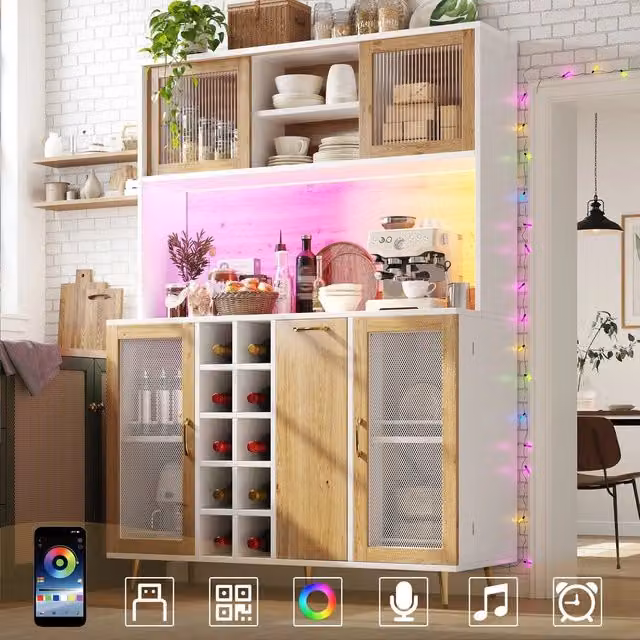 Mobile Buffet con LED ¨C Xylo ¨C Bianco con Effetto Legno, 5 Ante, Cantinetta, 120x40x170