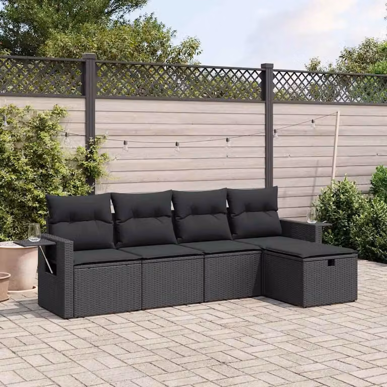 Set Divani da Giardino vidaXL 5 Pezzi a Forma di L con Cuscini in Polyrattan e Struttura in Acciaio Nero